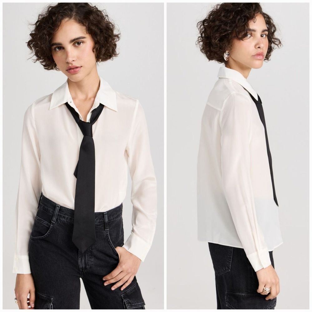 NEW Alice + Olivia Willa Placket 100% Silk Top with Tie in Ecru - Size XS